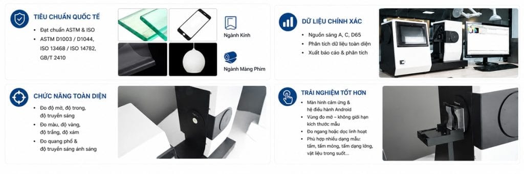 Ưu Điểm Nổi Bật Của Máy Đo Độ Mờ Haze CHNSpec CS-720 Tính năng CS-720 Clarity And Haze Meter đo Haze, Clarity, Transmittance và màu sắc theo ASTM, ISO với màn hình cảm ứng 7 inch, độ chính xác cao.