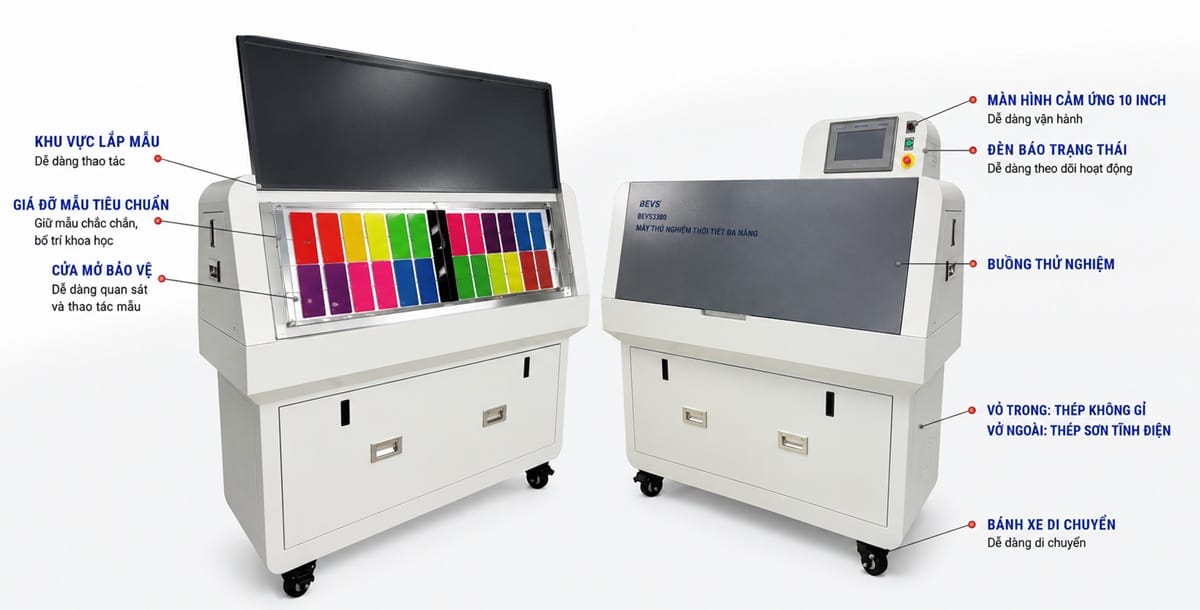 Máy thử nghiệm thời tiết UV đa năng BEVS 3380 với màn hình cảm ứng, buồng thử nghiệm UV, giá đỡ mẫu tiêu chuẩn, bánh xe di chuyển và kết cấu thép không gỉ bền bỉ. Máy thử nghiệm thời tiết UV BEVS 3380 tích hợp màn hình cảm ứng 10 inch, buồng thử nghiệm lớn, giá đỡ mẫu tiêu chuẩn và hệ thống kiểm soát chính xác.