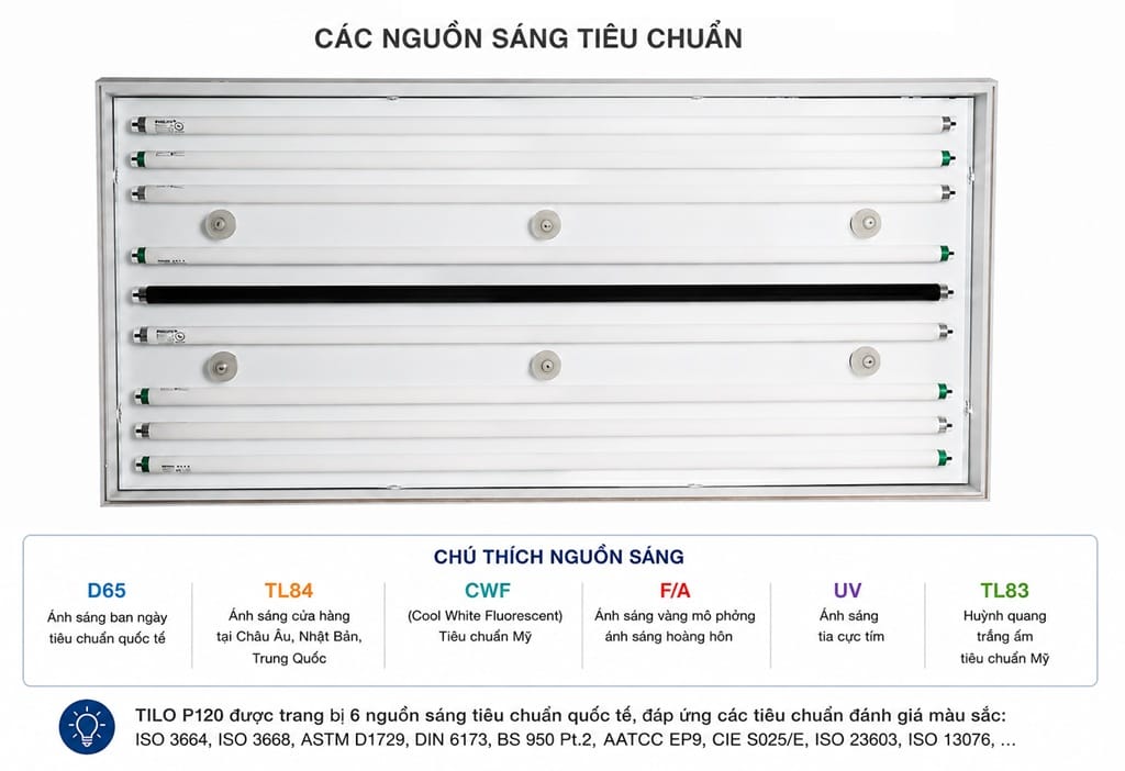 Sơ đồ bố trí bóng đèn tủ so màu TILO P120 với các nguồn sáng D65, TL84, CWF, F/A, UV và TL83, hỗ trợ kiểm tra màu sắc chính xác.