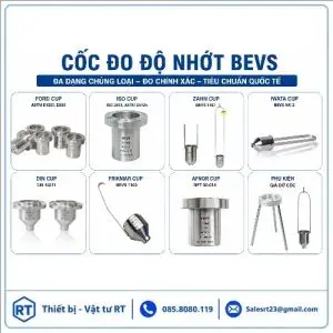 Tổng hợp các loại cốc đo độ nhớt BEVS gồm Ford Cup, ISO Cup, Zahn Cup, Iwata Cup, DIN Cup, Frikmar Cup và AFNOR Cup dùng kiểm tra độ nhớt sơn, mực in, hóa chất theo tiêu chuẩn ASTM, ISO và DIN