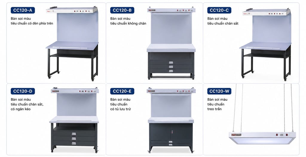 Các model bàn soi màu tiêu chuẩn CC120 gồm CC120-A, B, C, D, E và W, hỗ trợ đánh giá màu sắc chính xác theo các nguồn sáng tiêu chuẩn quốc tế.