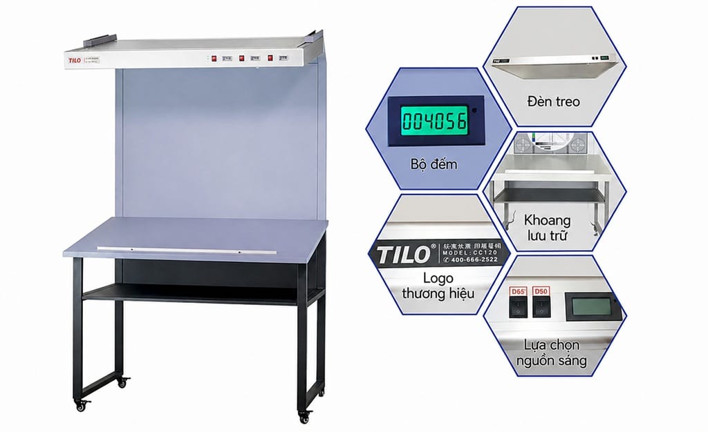 Chi tiết cấu tạo bàn soi màu tiêu chuẩn CC120 với bộ đếm thời gian, lựa chọn nguồn sáng, khoang lưu trữ và hệ thống chiếu sáng đạt tiêu chuẩn ISO 3664