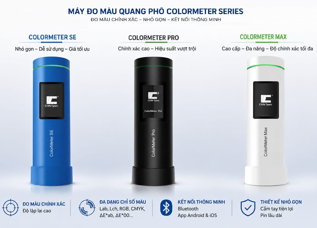 Máy đo màu quang phổ ColorMeter Series SE, Pro, Max có thiết kế cầm tay nhỏ gọn, đo màu chính xác, kết nối Bluetooth và quản lý dữ liệu trên nền tảng đám mây.