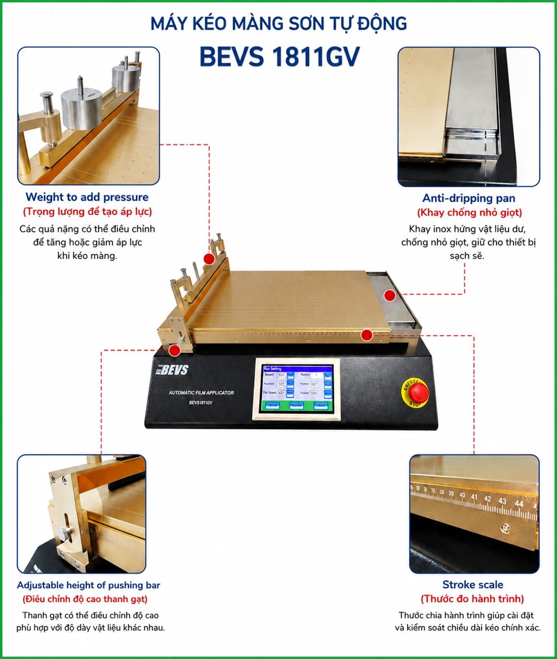 Máy kéo màng sơn tự động BEVS 1811GV là thiết bị tạo màng sơn tự động dùng trong phòng thí nghiệm sơn phủ, mực in và vật liệu phủ bề mặt. Infographic minh họa các tính năng nổi bật như hệ quả nặng tạo áp lực, khay chống nhỏ giọt, thanh gạt điều chỉnh độ cao và thước đo hành trình, cùng bảng thông số kỹ thuật: tốc độ kéo 1–350 mm/s, hành trình 455 mm, chiều dài kéo màng hiệu dụng tối đa 420 mm, hỗ trợ vật liệu nền dày đến 30 mm và bàn chân không 500 × 330 mm.