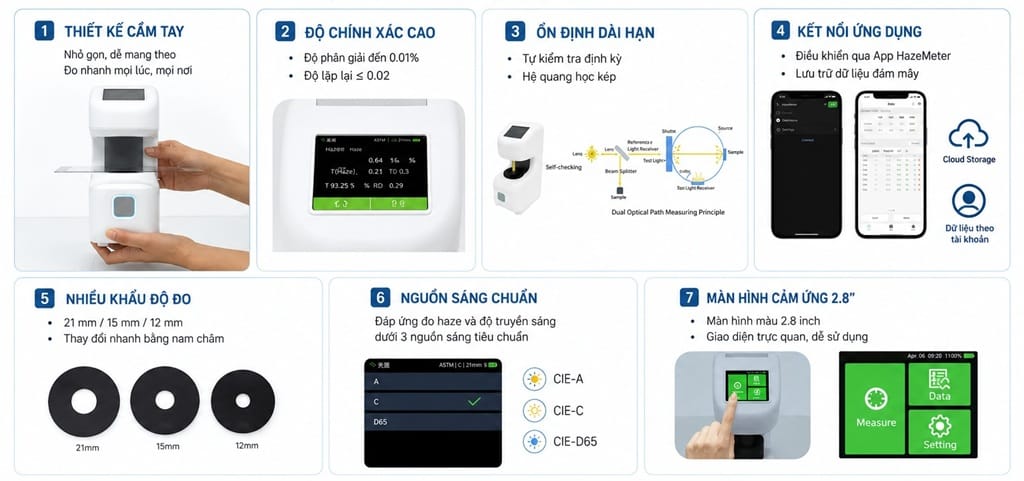 Tính năng Máy Đo Độ Mờ CHNSpec DH-10, DH-12, DH-13 gồm độ chính xác cao, nhiều khẩu độ đo, kết nối App HazeMeter và nguồn sáng CIE chuẩn.