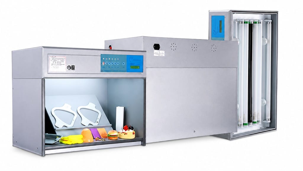 Tủ so màu TILO T60(5) 5 nguồn sáng D65 TL84 CWF F UV Tủ so màu TILO T60(5) với các nguồn sáng tiêu chuẩn D65, TL84, CWF, F, UV giúp kiểm tra màu sắc chính xác, phát hiện hiện tượng khác màu cùng phổ.