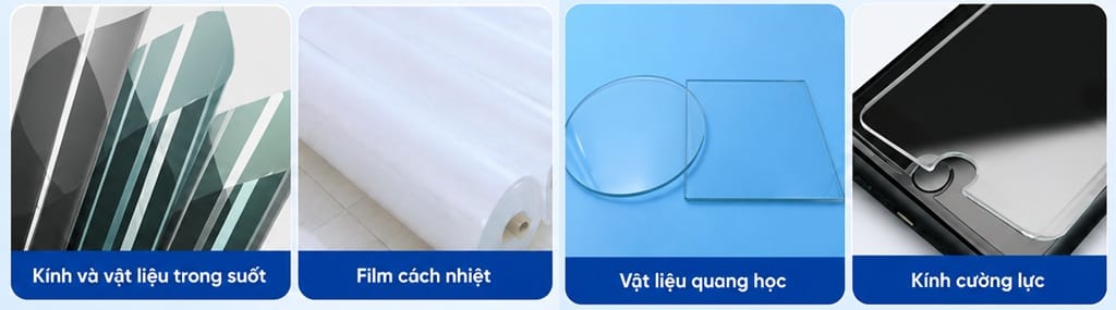 Ứng dụng máy đo độ truyền sáng CT-23 CT-25 CHNSpec cho kính và film cách nhiệt Hình ảnh minh họa các ứng dụng của máy đo độ truyền sáng CT-23 và CT-25 CHNSpec trong kiểm tra kính xây dựng, kính cường lực, kính ô tô, film cách nhiệt, vật liệu quang học và các vật liệu trong suốt. Thiết bị giúp đo nhanh độ truyền tia UV, ánh sáng khả kiến (VIS) và tia hồng ngoại (IR) với độ chính xác cao.