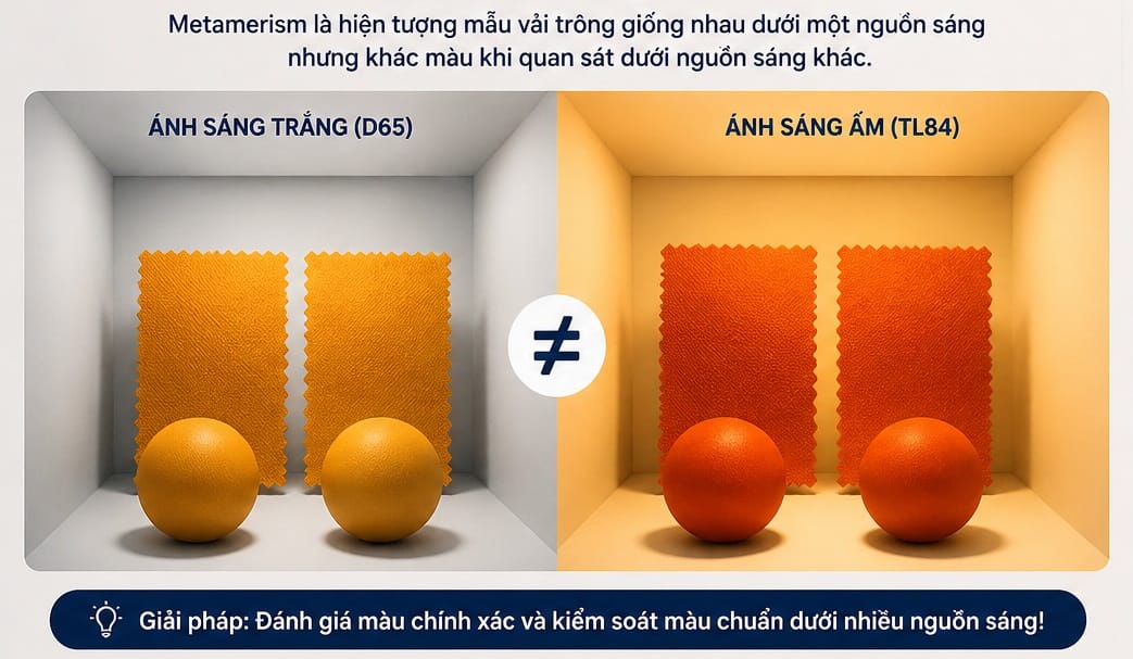 Hiện tượng Metamerism (lệch màu) trong ngành dệt may bằng tủ so màu đa nguồn sáng, máy đo màu quang phổ và quy trình quản lý màu nhằm đảm bảo màu vải đồng nhất dưới nhiều điều kiện ánh sáng. Hình ảnh mô phỏng hiện tượng Metamerism trong dệt may khi mẫu vải có thể giống màu dưới ánh sáng D65 nhưng khác màu dưới nguồn sáng TL84. Infographic giới thiệu các giải pháp kiểm soát lệch màu gồm sử dụng tủ so màu đa nguồn sáng, máy đo màu quang phổ (Spectrophotometer), phần mềm quản lý màu và quy trình đánh giá màu theo tiêu chuẩn để đảm bảo chất lượng sản phẩm, giảm lỗi sản xuất và nâng cao độ nhất quán màu sắc trong ngành dệt may.