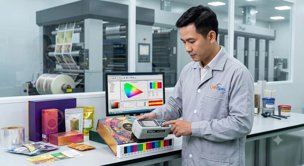 Kỹ thuật viên sử dụng máy đo mật độ màu CHNSpec kiểm tra dải màu trên hộp bao bì cao cấp, minh họa giải pháp chọn máy so màu cho ngành in bao bì. Ứng dụng máy đo mật độ màu CHNSpec trong việc kiểm soát độ chuẩn xác và đồng nhất màu sắc trực tiếp tại phòng QC của nhà máy in.