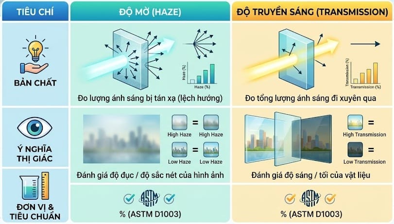 Haze (độ mờ) đo lượng ánh sáng bị tán xạ, trong khi Transmission (độ truyền sáng) đo tổng lượng ánh sáng truyền qua vật liệu. Cả hai chỉ tiêu đều được xác định theo tiêu chuẩn ASTM D1003 để đánh giá chất lượng quang học của nhựa, kính và màng film.