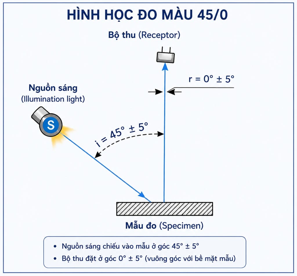 Sơ đồ hình học đo màu 45/0 minh họa nguyên lý hoạt động của máy đo màu quang phổ với nguồn sáng LED chiếu góc 45°, cảm biến thu nhận ánh sáng phản xạ khuếch tán theo trục 0° Hình học đo màu 45/0 là cấu hình quang học phổ biến trên máy đo màu quang phổ và máy đo mật độ màu trong ngành in, bao bì và đồ họa. Nguồn sáng được chiếu ở góc 45° và cảm biến thu nhận ánh sáng khuếch tán theo trục 0°, giúp giảm ảnh hưởng của độ bóng bề mặt, đồng thời hỗ trợ đo các thông số như Density, TVI (Dot Gain), Gray Balance, Trapping và ΔE theo các tiêu chuẩn ISO 13655, ISO 12647 và ASTM E1164.