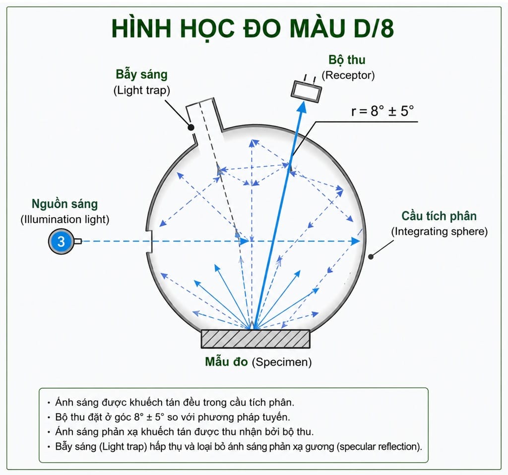 Sơ đồ nguyên lý hình học đo màu D/8 (Diffuse/8°) sử dụng cầu tích phân (Integrating Sphere), nguồn sáng khuếch tán 360°, bộ thu đặt tại góc 8° và bẫy ánh sáng (Light Trap). Hình học đo màu D/8 (Diffuse/8°) là tiêu chuẩn quang học được sử dụng trên các máy đo màu quang phổ hiện đại nhằm giảm ảnh hưởng của độ bóng và cấu trúc bề mặt vật liệu. Với cầu tích phân (Integrating Sphere), ánh sáng được khuếch tán đồng đều trước khi chiếu lên mẫu, trong khi bộ thu quang học đặt tại góc 8° thu nhận ánh sáng phản xạ khuếch tán để tính toán chính xác các thông số màu theo hệ CIE Lab*, ΔE, LCh, Whiteness, Yellowness và các chỉ số màu khác. Hệ thống Light Trap hỗ trợ chế độ SCI/SCE, đáp ứng yêu cầu kiểm soát màu sắc trong các ngành sơn, nhựa, bao bì, giấy, dệt may, mỹ phẩm và thực phẩm. Cấu hình D/8 tuân thủ các tiêu chuẩn quốc tế như ISO 13655, ASTM E1164, DIN 5033 và khuyến nghị của CIE, mang lại kết quả đo có độ lặp lại và độ chính xác cao.