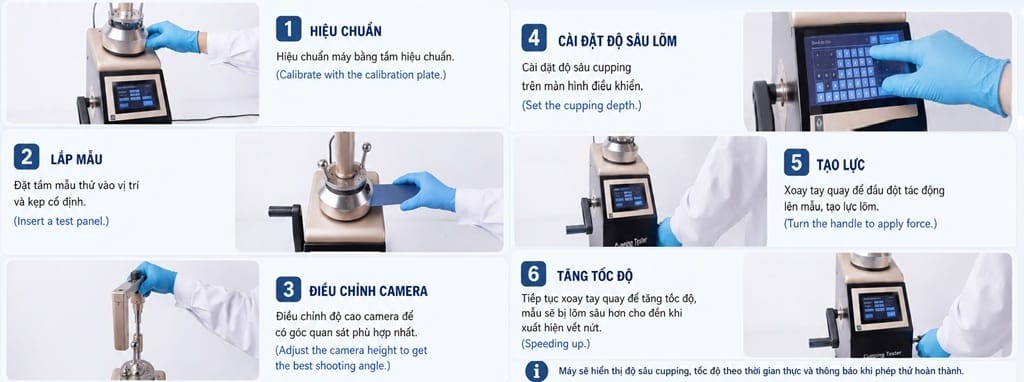 Hướng dẫn sử dụng máy đo độ bền uốn lõm BEVS 1616 Cupping Tester Hướng dẫn sử dụng Máy Đo Độ Bền Uốn Lõm BEVS 1616 Cupping Tester đúng cách, từ hiệu chuẩn, lắp mẫu, cài đặt thông số đến thực hiện phép thử đánh giá khả năng biến dạng và độ bền uốn lõm của lớp phủ.