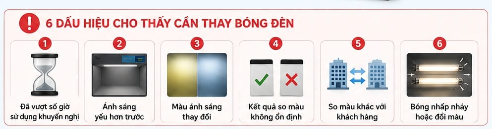 hướng dẫn khi nào cần thay bóng đèn tủ so màu, gồm tuổi thọ nguồn sáng D65, TL84, CWF, UV, các dấu hiệu nhận biết, cách kiểm tra và quy trình thay bóng đúng chuẩn. Bóng đèn là thành phần quan trọng quyết định độ chính xác của tủ so màu (Color Light Booth) trong quá trình đánh giá màu sắc. Theo thời gian, mặc dù bóng vẫn phát sáng nhưng quang phổ, cường độ sáng và nhiệt độ màu có thể thay đổi, làm ảnh hưởng đến kết quả kiểm tra màu và gây ra hiện tượng Metamerism. Infographic này hướng dẫn doanh nghiệp cách xác định thời điểm thay bóng đèn dựa trên tuổi thọ khuyến nghị, số giờ hoạt động và các dấu hiệu suy giảm của nguồn sáng D65, TL84, CWF, U30, A và UV.