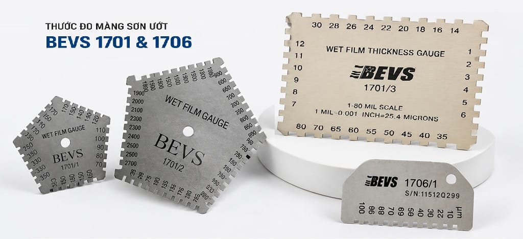 Thước đo màng sơn ướt BEVS 1701 và 1706 bằng thép không gỉ và nhôm Thước đo màng sơn ướt BEVS 1701 & 1706 bằng thép không gỉ và nhôm, giúp đo nhanh độ dày lớp sơn, mực in và lớp phủ ướt chính xác.