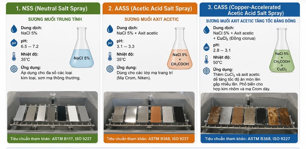 ác phương pháp thử nghiệm sương muối NSS, AASS và CASS dùng để đánh giá khả năng chống ăn mòn của kim loại, lớp mạ và màng sơn theo ASTM B117, ASTM B368 và ISO 9227. So sánh ba phương pháp thử nghiệm sương muối phổ biến gồm NSS, AASS và CASS về thành phần dung dịch, điều kiện thử nghiệm và ứng dụng trong kiểm tra khả năng chống ăn mòn của kim loại, lớp phủ và lớp mạ.
