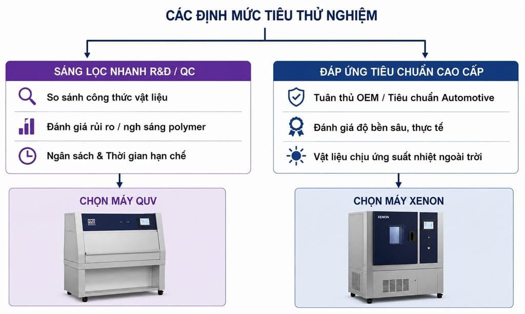 Sơ đồ so sánh giúp lựa chọn máy thử lão hóa QUV hoặc Xenon dựa trên mục tiêu thử nghiệm, ngân sách, tiêu chuẩn kỹ thuật và mức độ mô phỏng điều kiện ngoài trời.