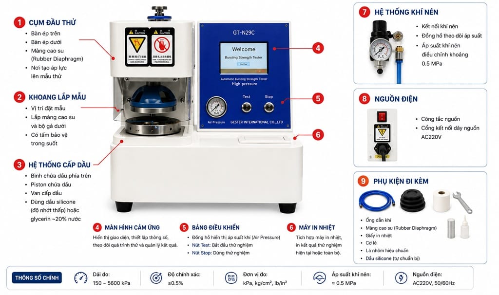 cấu tạo Máy Kiểm Tra Độ Bền Bục GT-N29C Tự Động (Automatic Bursting Strength Tester - High-pressure), minh họa các bộ phận chính như cụm đầu thử, màn hình cảm ứng, bảng điều khiển, hệ thống khí nén, máy in nhiệt và phụ kiện đi kèm. Thiết kế trực quan giúp người dùng dễ dàng nhận biết cấu tạo và chức năng của từng bộ phận.
