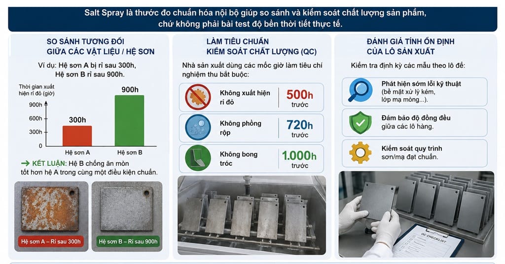 khi nào thử nghiệm Salt Spray (ASTM B117, ISO 9227) có giá trị trong đánh giá khả năng chống ăn mòn. Tìm hiểu cách sử dụng kết quả thử nghiệm để so sánh hệ sơn, kiểm soát chất lượng (QC) và đánh giá độ ổn định của lô sản xuất.