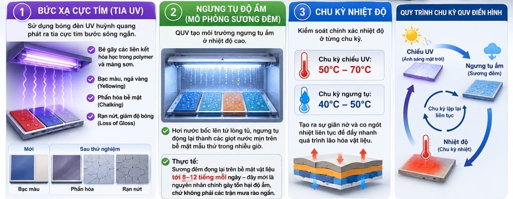 Tìm hiểu nguyên lý hoạt động của thử nghiệm QUV trong đánh giá khả năng chống lão hóa của vật liệu. Infographic giải thích cơ chế mô phỏng tia UV, ngưng tụ độ ẩm và chu kỳ nhiệt giúp kiểm tra độ bền của sơn, lớp phủ, nhựa và vật liệu ngoài trời theo ASTM G154 và ISO 4892