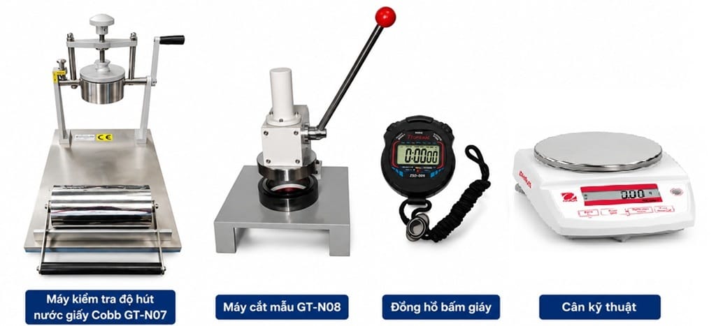 Phụ Kiện Thử Nghiệm Máy Kiểm Tra Độ Hút Nước Giấy Cobb GT-N07 Bộ phụ kiện thử nghiệm Cobb gồm máy kiểm tra độ hút nước giấy GT-N07, máy cắt mẫu GT-N08, đồng hồ bấm giây và cân kỹ thuật, hỗ trợ xác định khả năng hấp thụ nước của giấy và bìa giấy theo phương pháp Cobb.