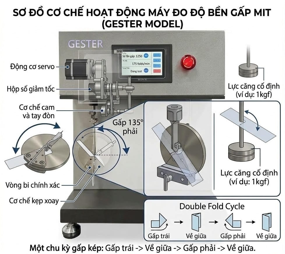 cơ chế hoạt động của máy đo độ bền gấp MIT (MIT Folding Endurance Tester), sử dụng máy Gester làm ví dụ. Hình thể hiện mẫu giấy được kẹp giữa ngàm cố định và ngàm di động, sau đó được gấp qua lại ở góc 135° ± 2,5° với lực căng ổn định. Chu trình gấp lặp lại liên tục cho đến khi mẫu giấy bị đứt và máy ghi nhận số lần gấp.
