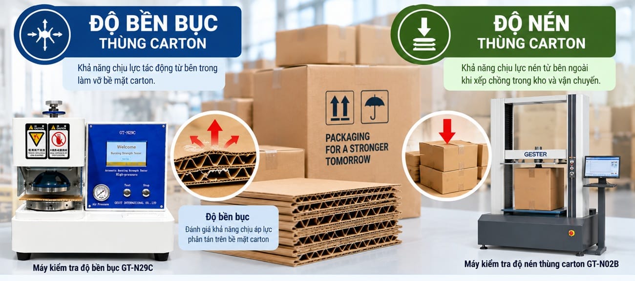 độ bền bục và độ nén thùng carton, sử dụng hai thiết bị kiểm tra GT-N29C và GT-N02B để thể hiện khả năng chịu lực của bao b