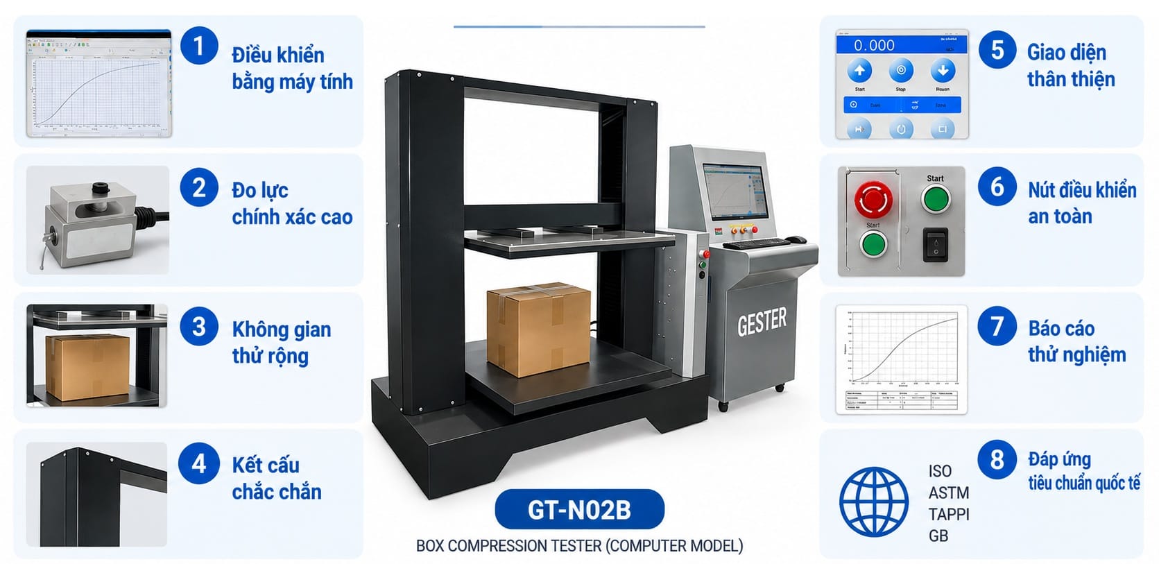 Máy kiểm tra độ nén thùng carton GT-N02B – tính năng nổi bật Máy kiểm tra độ nén thùng carton GT-N02B với điều khiển bằng máy tính, đo lực chính xác, kết cấu chắc chắn và hỗ trợ phân tích, xuất báo cáo thử nghiệm.