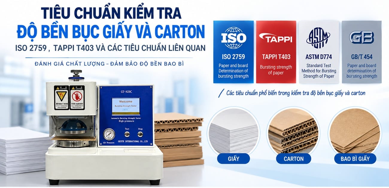 Tiêu chuẩn kiểm tra độ bền bục giấy và carton ISO 2759 TAPPI T403 tiêu chuẩn kiểm tra độ bền bục giấy và carton, nổi bật với máy kiểm tra độ bền bục GT-N29C và các tiêu chuẩn ISO 2759, TAPPI T403, ASTM D774 và GB/T 454.